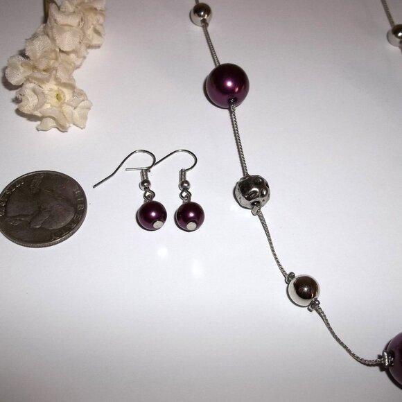 Eggplant Purple Faux Pearl Jewelry Set Long Necklace Earrings Set Lot Pair D183 - Picture 2 of 7